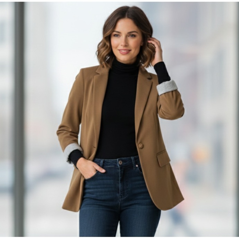 NWT PLEASE Women's Size Medium Beige Long Sleeve Notch Lapel patch pocket Blazer